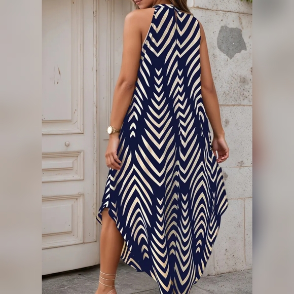 Navy Chevron print halter neck handkerchief dress, 1X - Picture 2 of 3